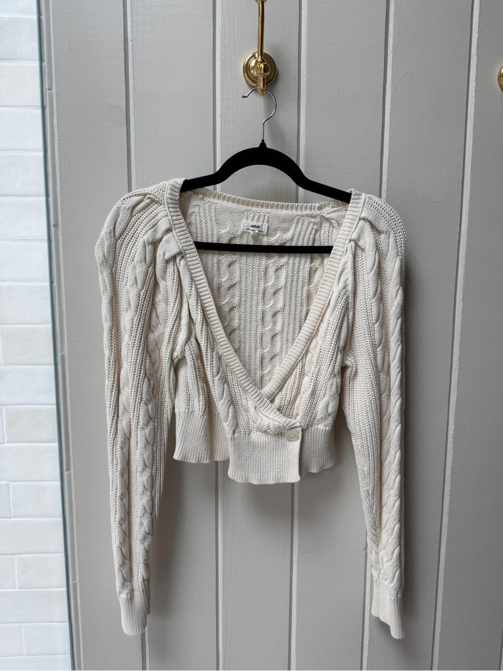aerie Cream Cable-Knit Cropped Ballerina Wrap Sweater